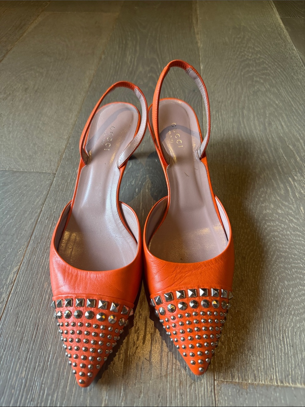 Gucci Orange Pointed Stud-Embellished Slingback Flats